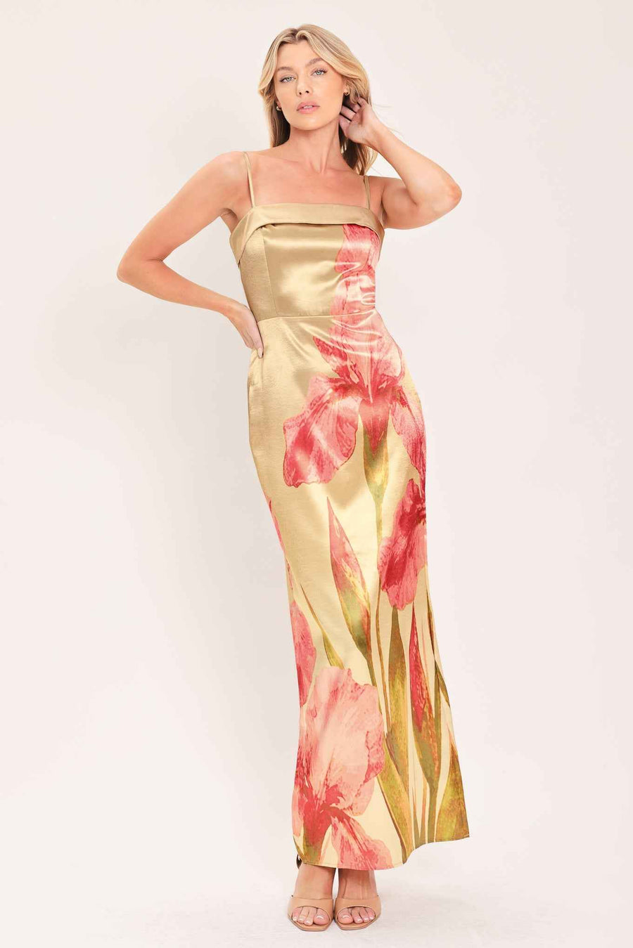 ROSÉ GARDEN GLEAM WOVEN COLUMN MAXI DRESS
