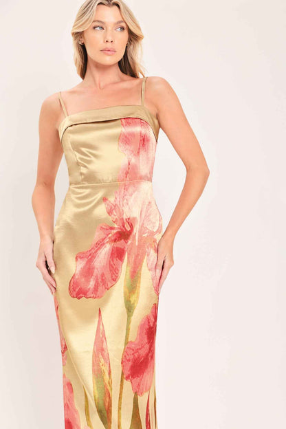 ROSÉ GARDEN GLEAM WOVEN COLUMN MAXI DRESS