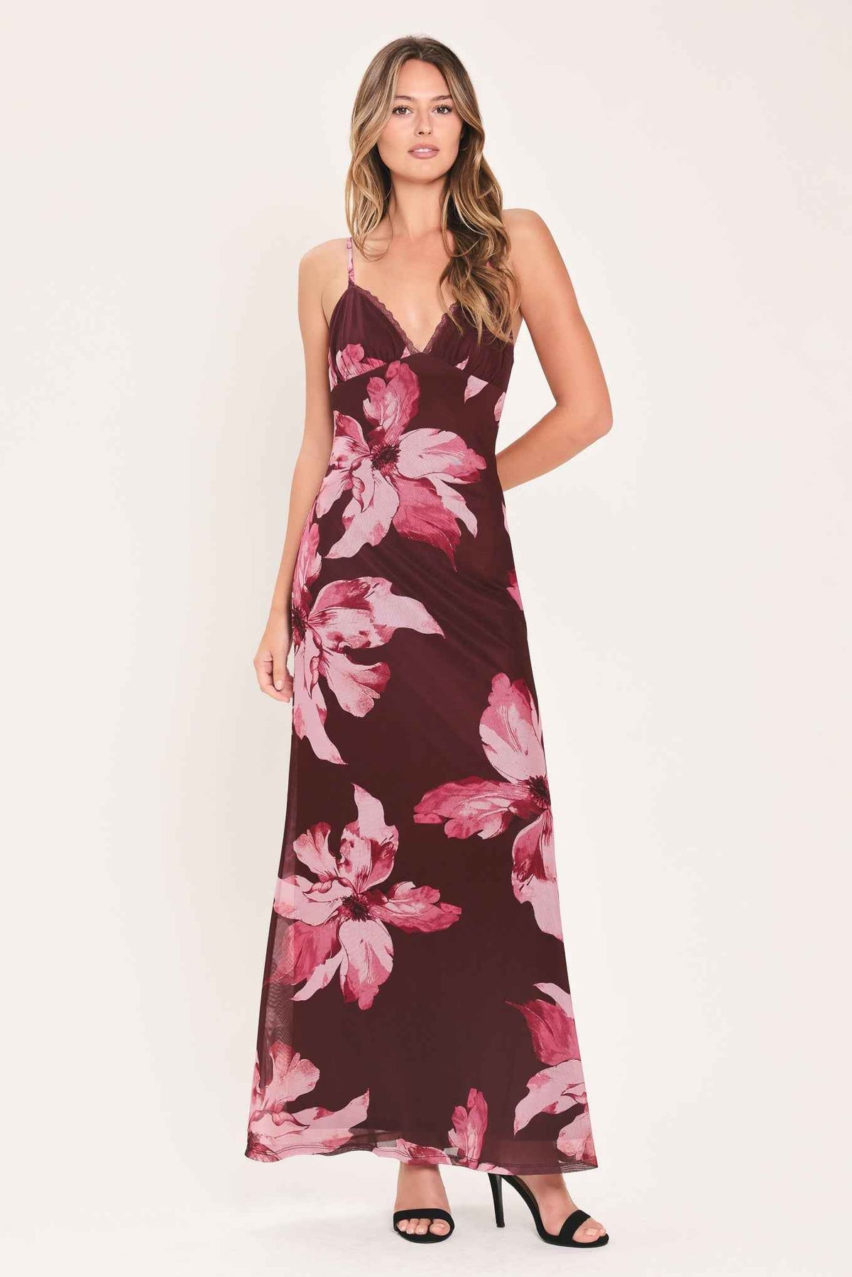 MIDNIGHT MERLOT LACE TRIM MESH MAXI DRESS