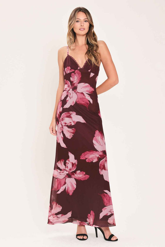 MIDNIGHT MERLOT LACE TRIM MESH MAXI DRESS