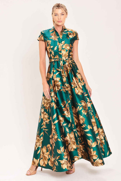 EMERALD GOLDEN BLOOM WOVEN MAXI DRESS