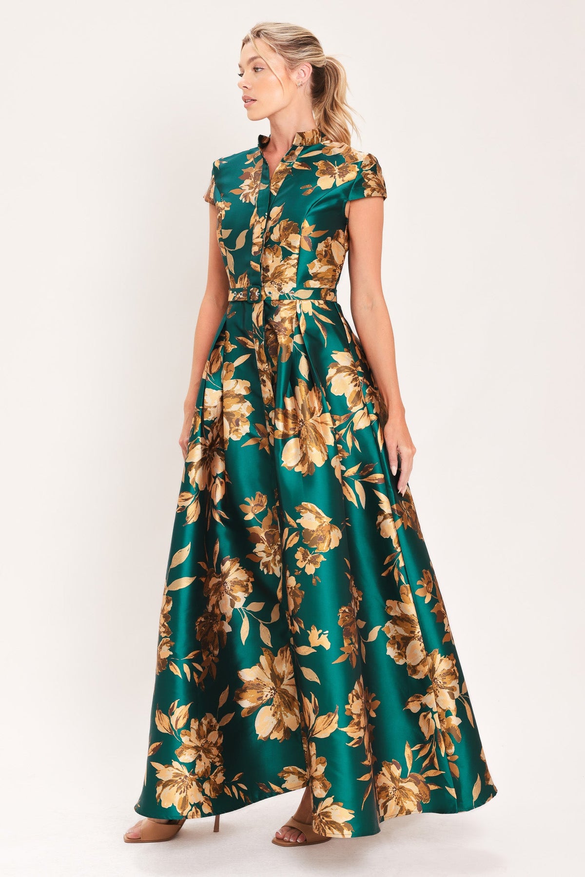 EMERALD GOLDEN BLOOM WOVEN MAXI DRESS