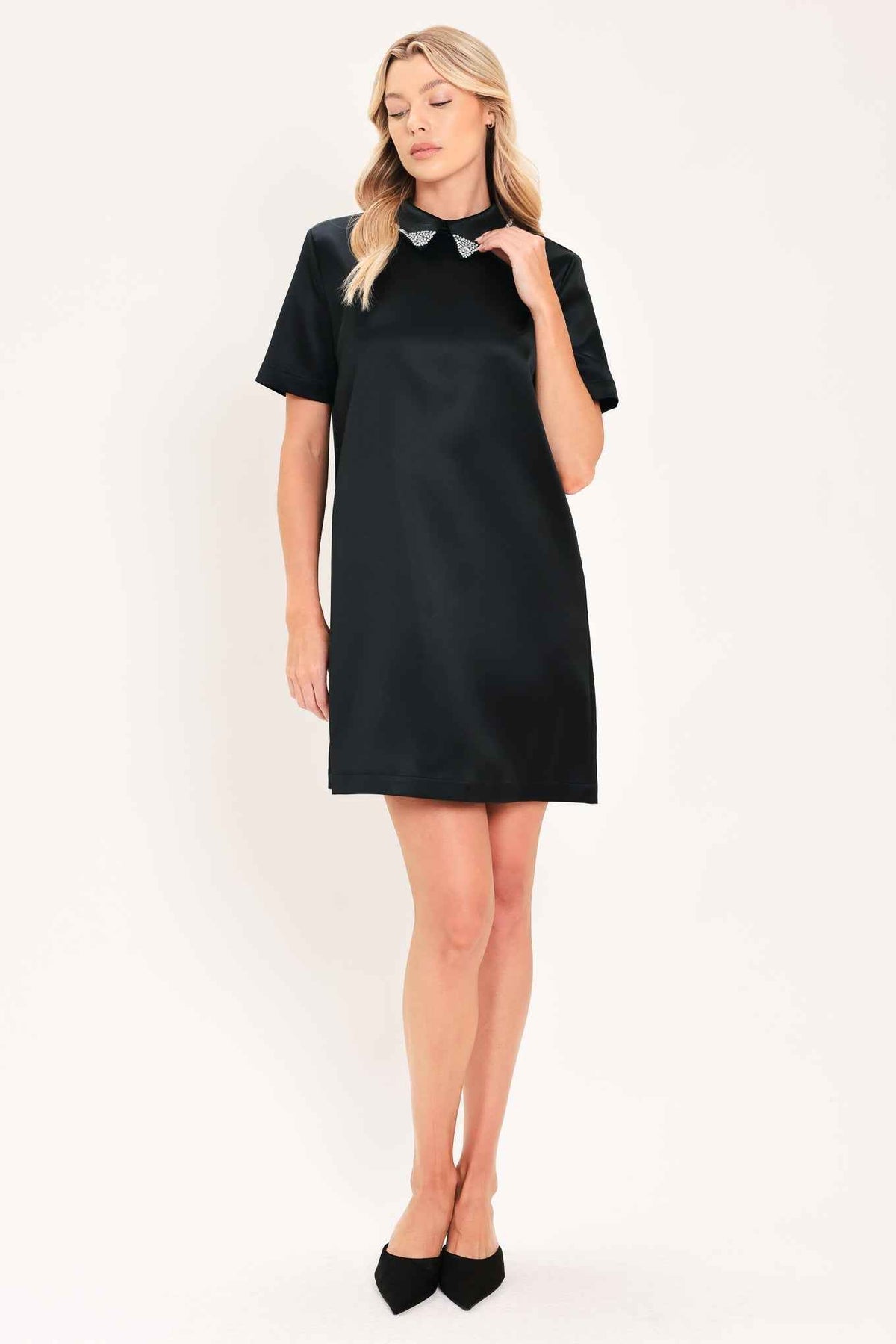 ONYX COLLAR GLOW WOVEN MINI DRESS