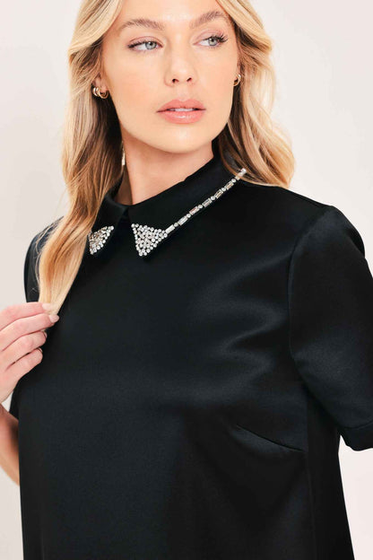 ONYX COLLAR GLOW WOVEN MINI DRESS