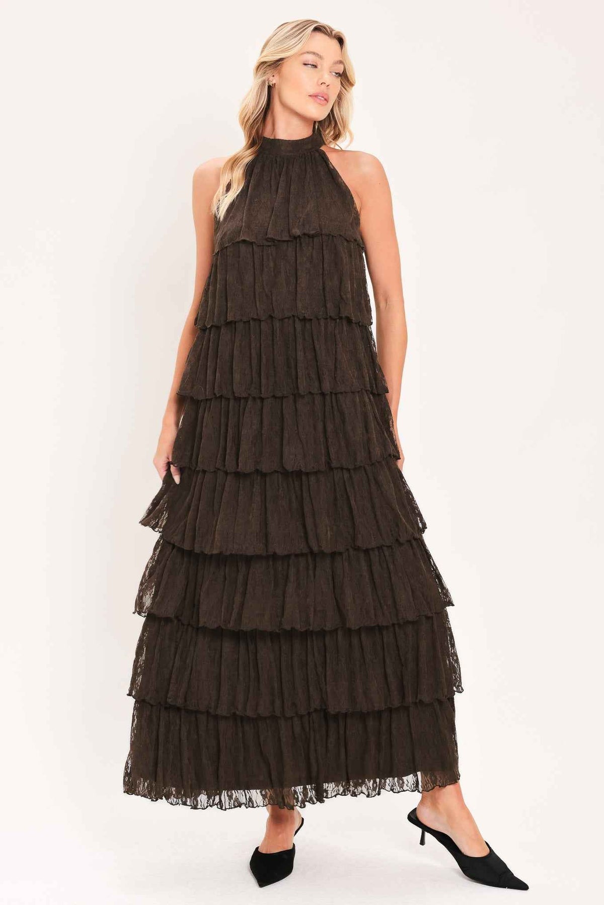 DEEP BROWN LACE DRIFT HALTER WOVEN MAXI DRESS