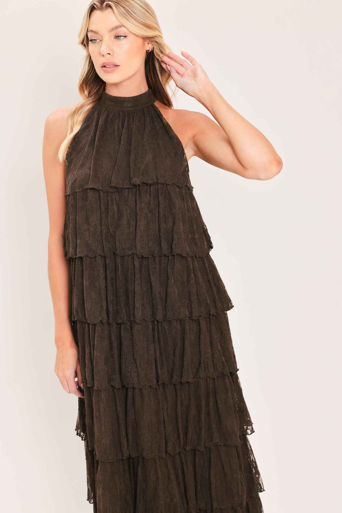 DEEP BROWN LACE DRIFT HALTER WOVEN MAXI DRESS