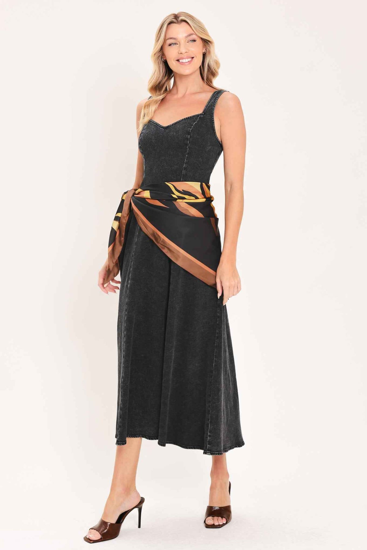 DARKWASH SCARF ELEGANCE DENIM MIDI DRESS