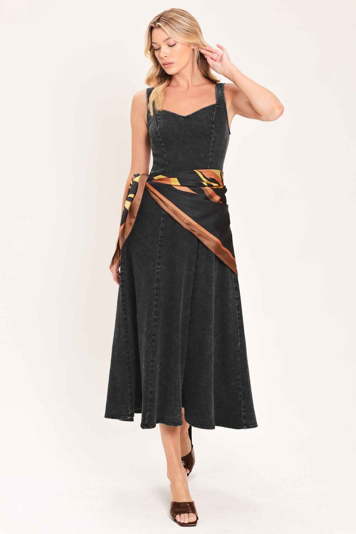 DARKWASH SCARF ELEGANCE DENIM MIDI DRESS