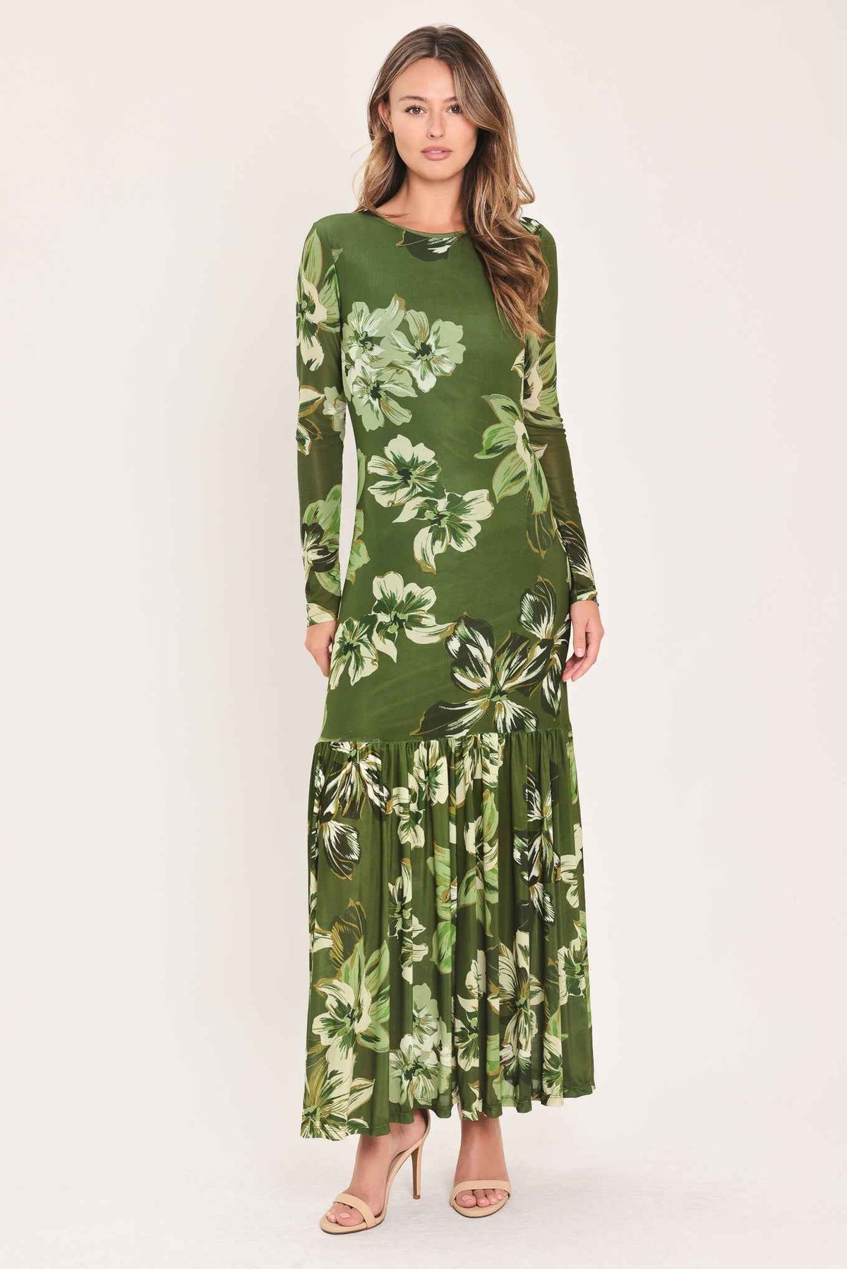 ENCHANTED GROVE MOSS GREEN PRINTED MESH ANKLE DRESS