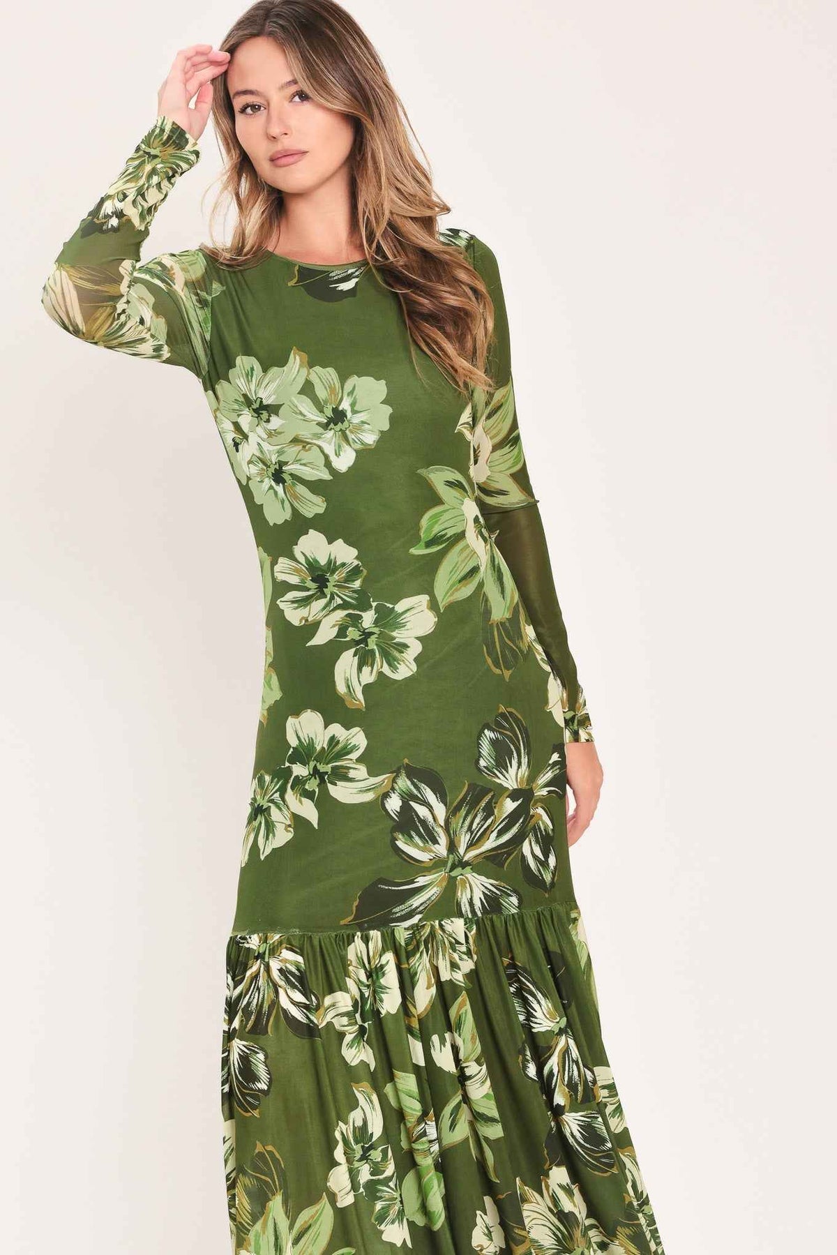 ENCHANTED GROVE MOSS GREEN PRINTED MESH ANKLE DRESS
