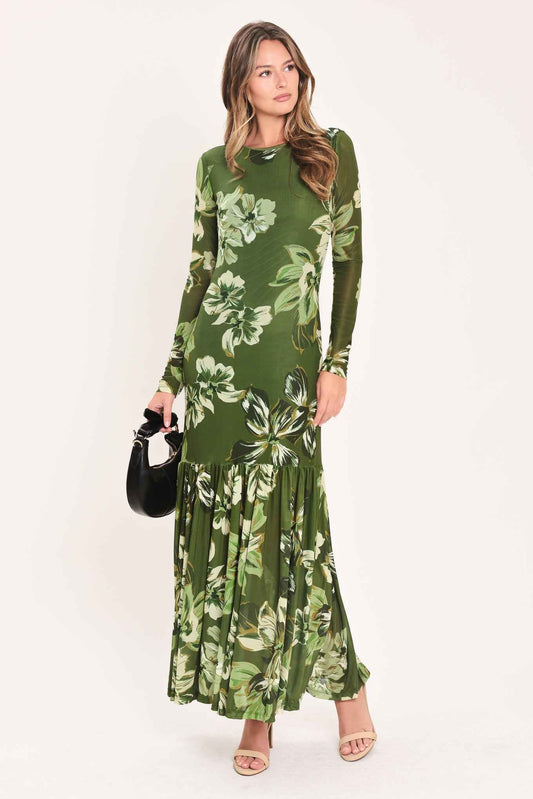 ENCHANTED GROVE MOSS GREEN PRINTED MESH ANKLE DRESS