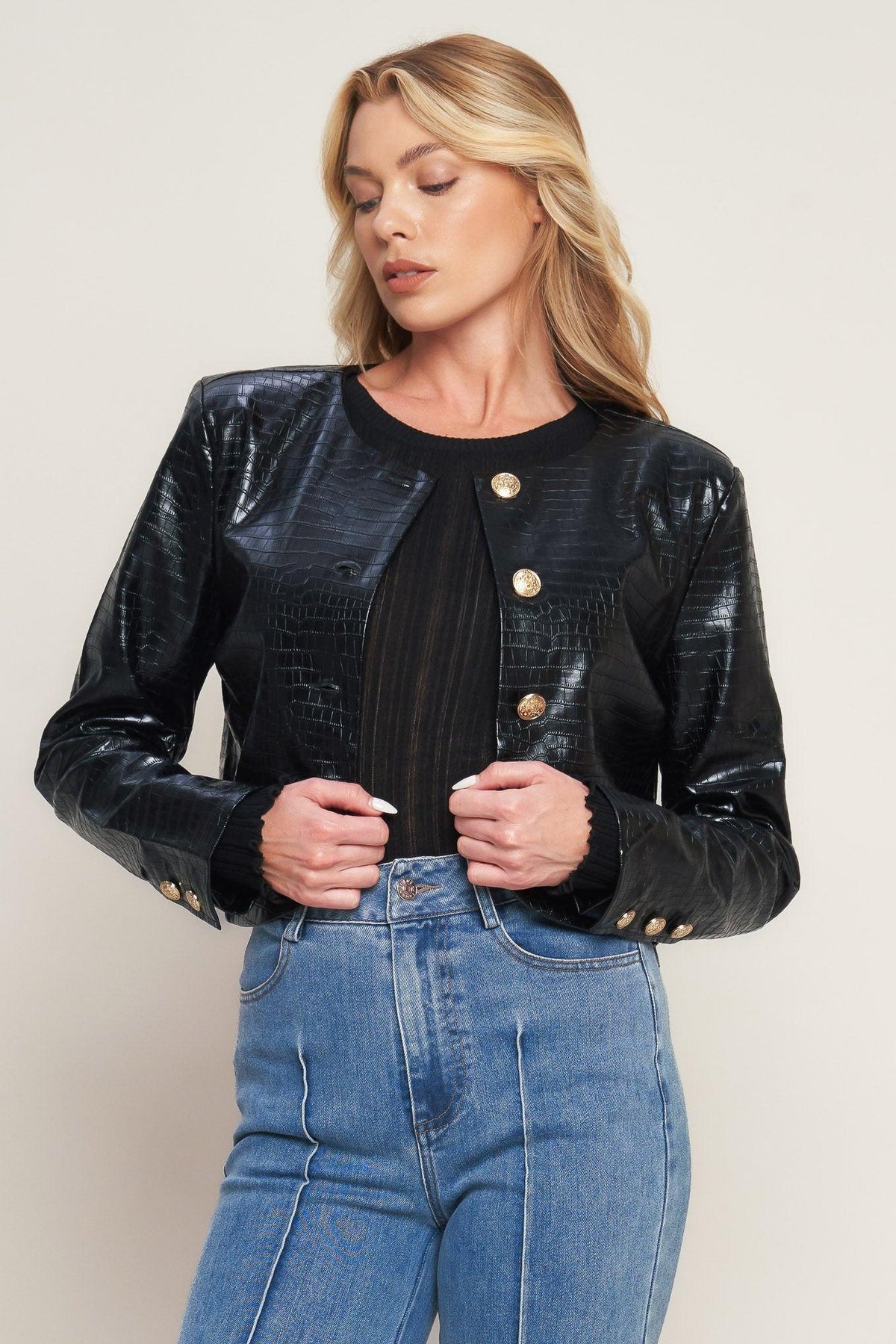 AT THE START FAUX LEATHER BOLERO JACKET