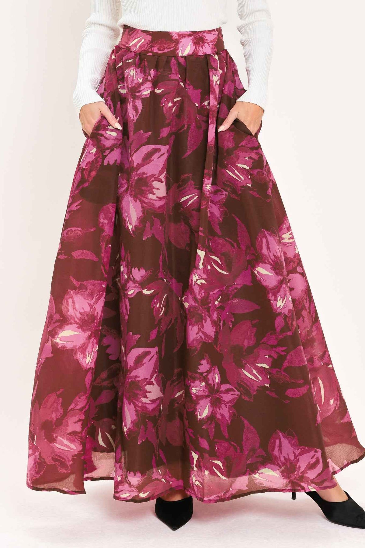 MAGENTA BLOOM CASCADE WOVEN MAXI FULL SKIRT
