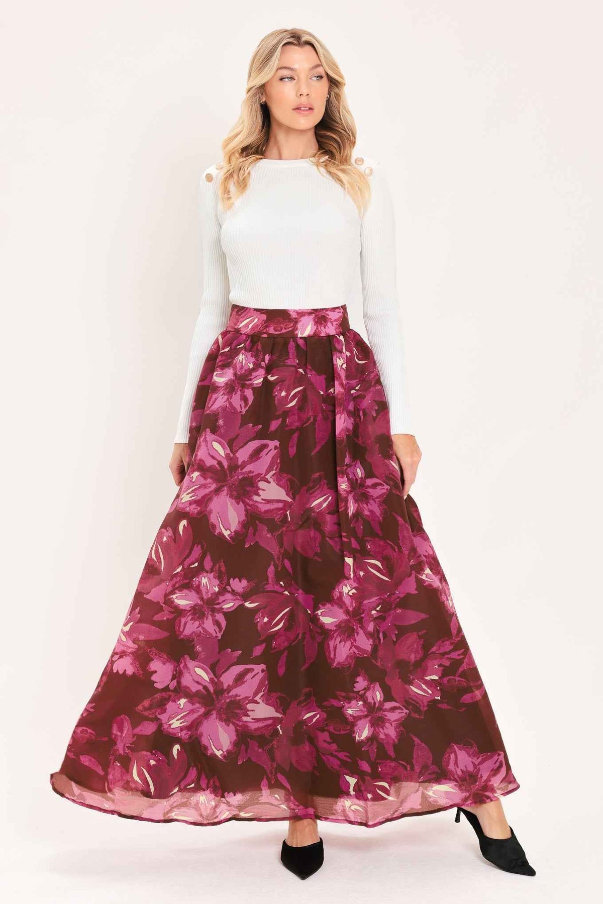MAGENTA BLOOM CASCADE WOVEN MAXI FULL SKIRT