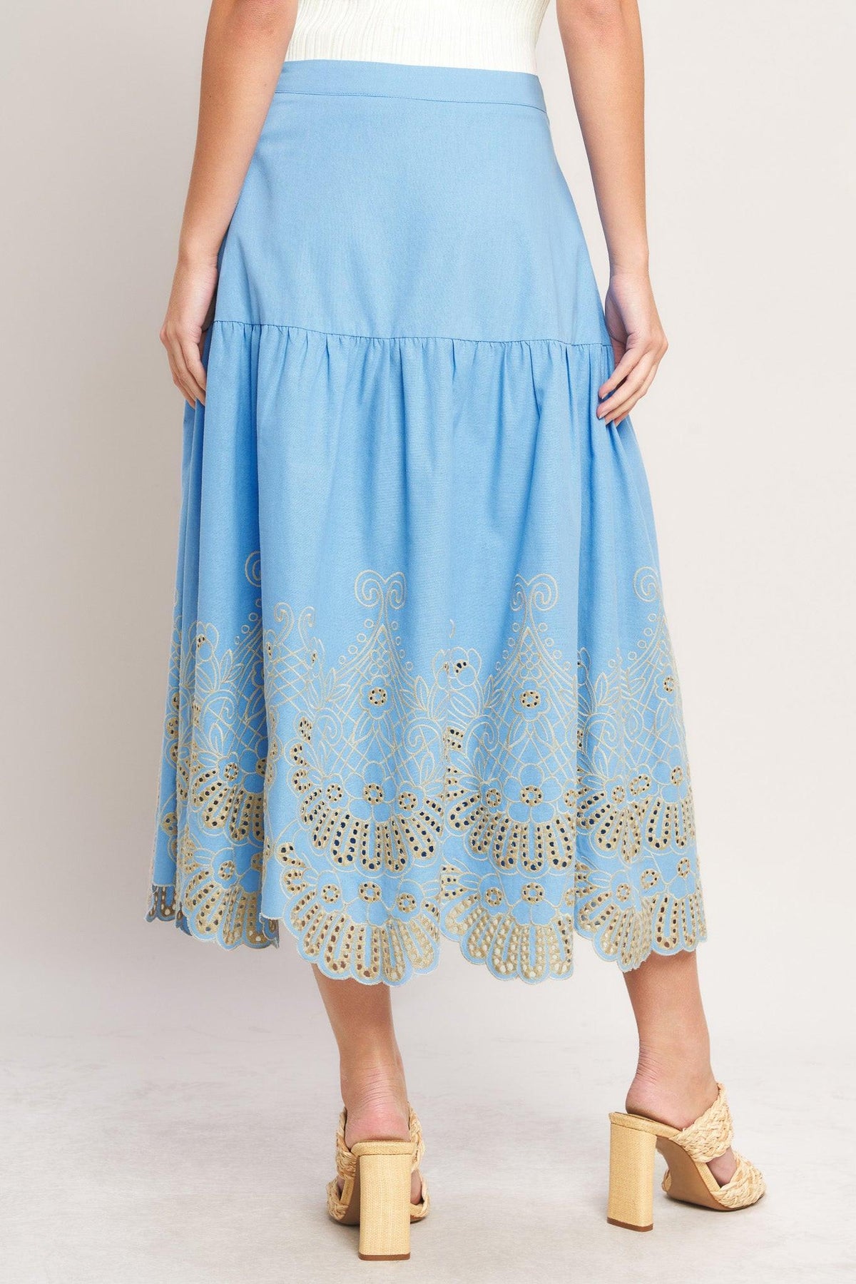 SKY BLOOM WOVEN EYELET MIDI SKIRT