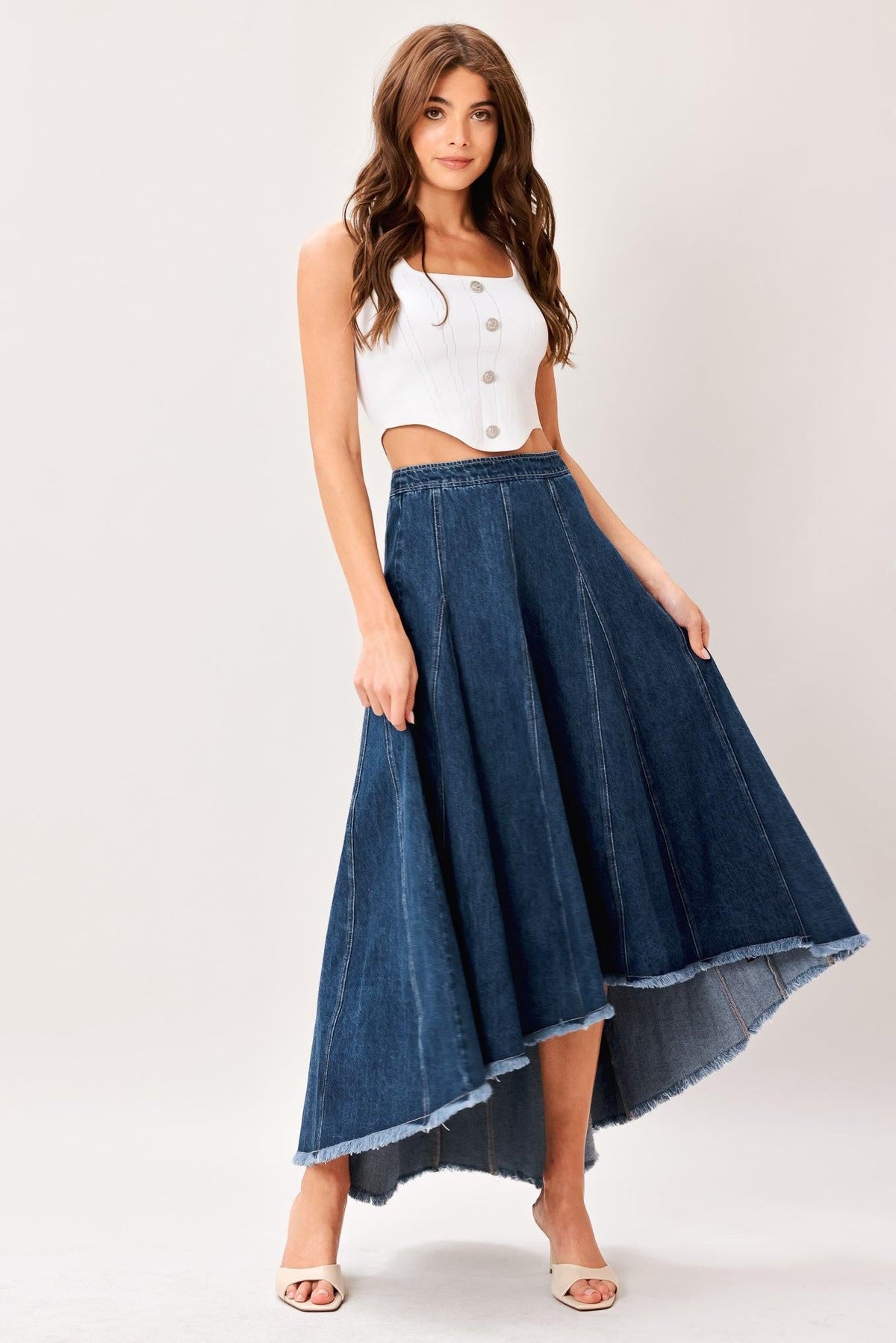 CITY SWING DENIM HI-LO MIDI CIRCLE SKIRT