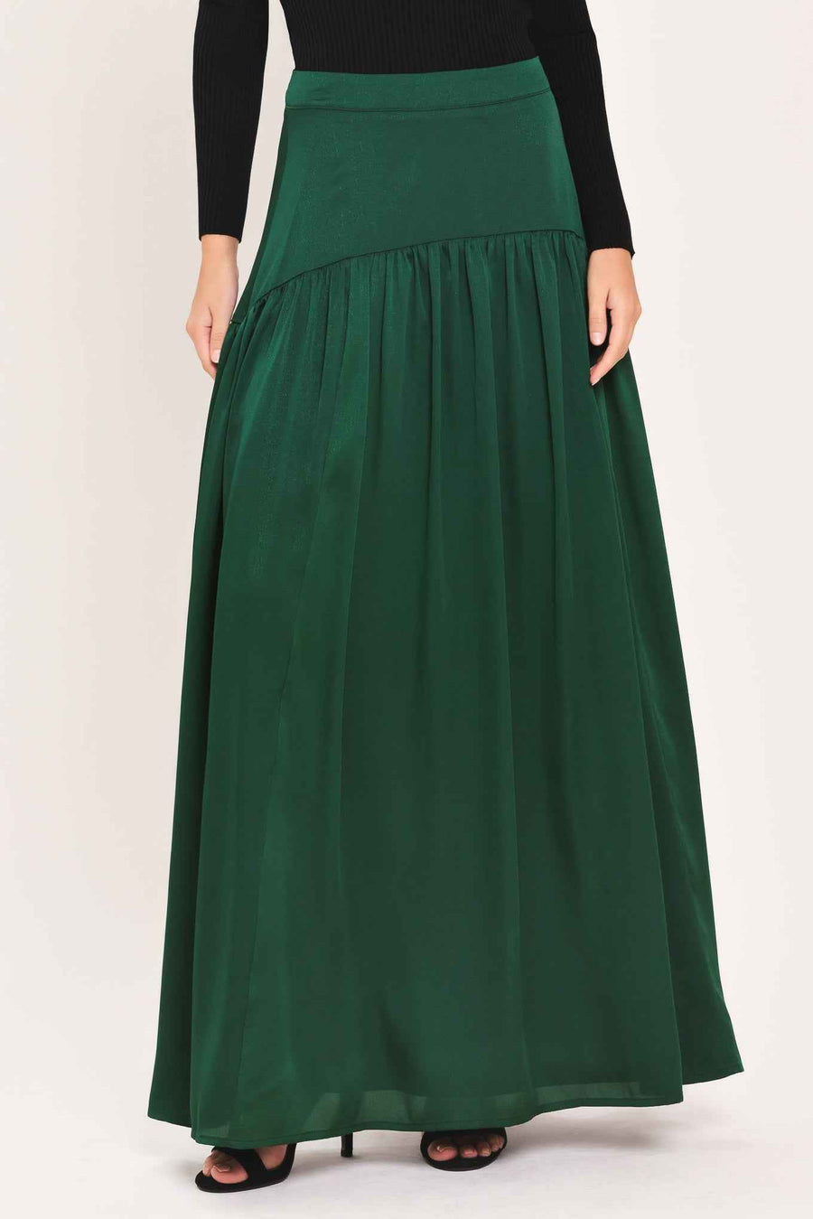 FOREST POISE HUNTER GREEN DROP-WAIST TIERED MAXI SKIRT