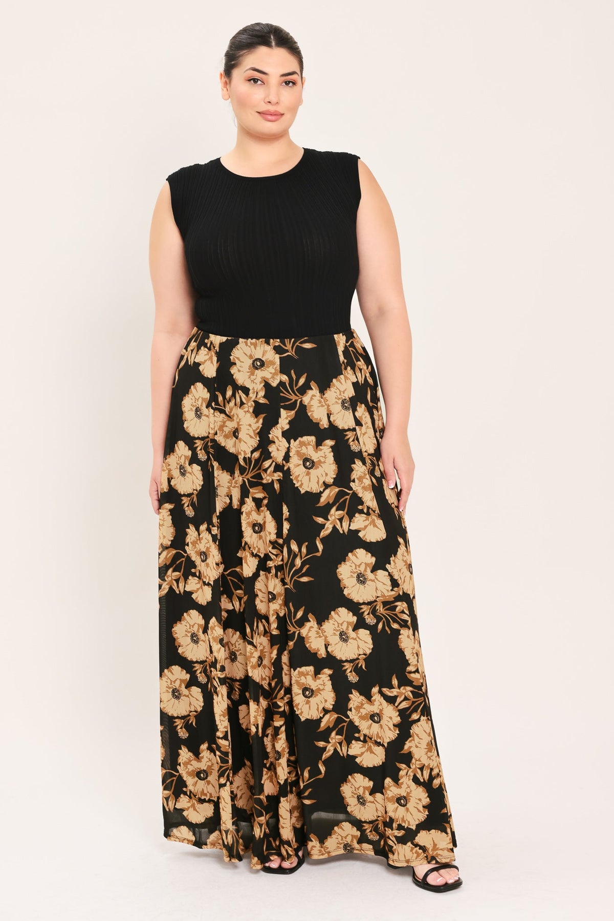 FALDA MAXI COMPLETA DE MALLA ELÁSTICA CON ESTAMPADO FLORAL TERROSO
