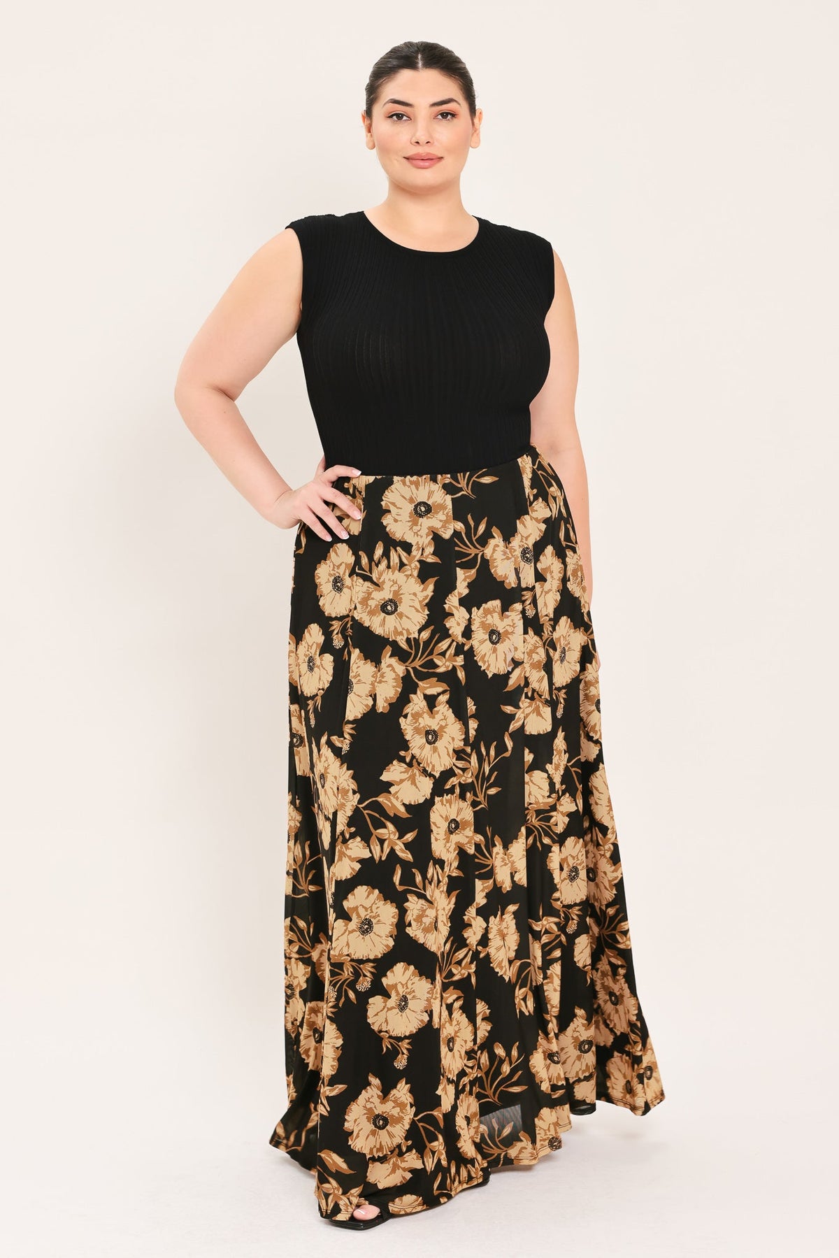 FALDA MAXI COMPLETA DE MALLA ELÁSTICA CON ESTAMPADO FLORAL TERROSO