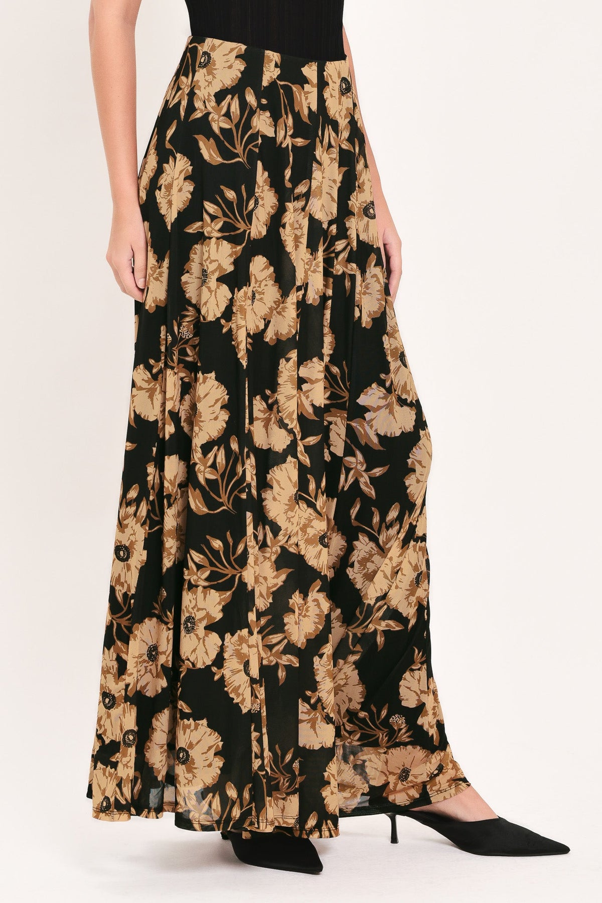 FALDA MAXI COMPLETA DE MALLA ELÁSTICA CON ESTAMPADO FLORAL TERROSO