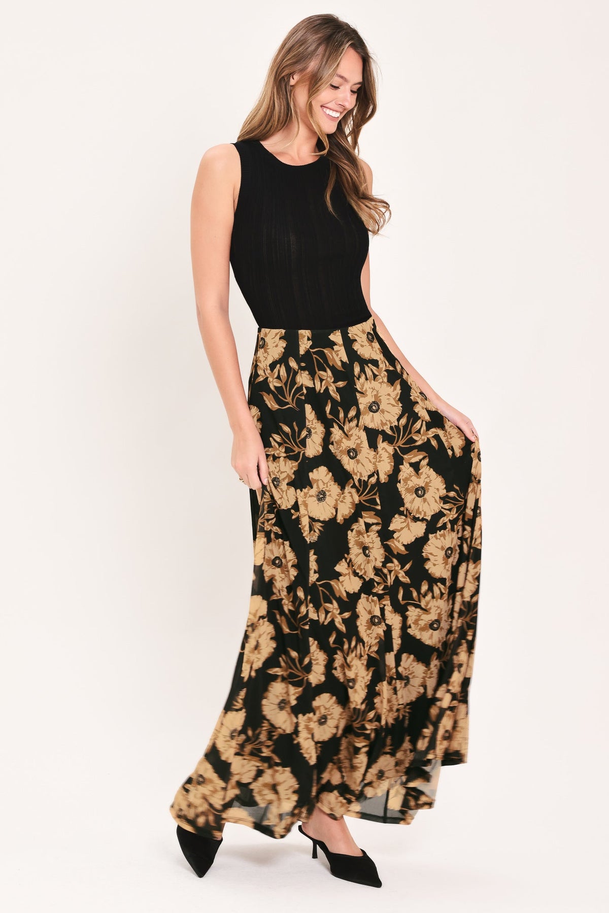 FALDA MAXI COMPLETA DE MALLA ELÁSTICA CON ESTAMPADO FLORAL TERROSO