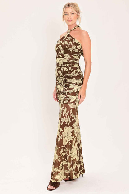 EARTHY FLORAL TEMPTATION POWER MESH MAXI SKIRT