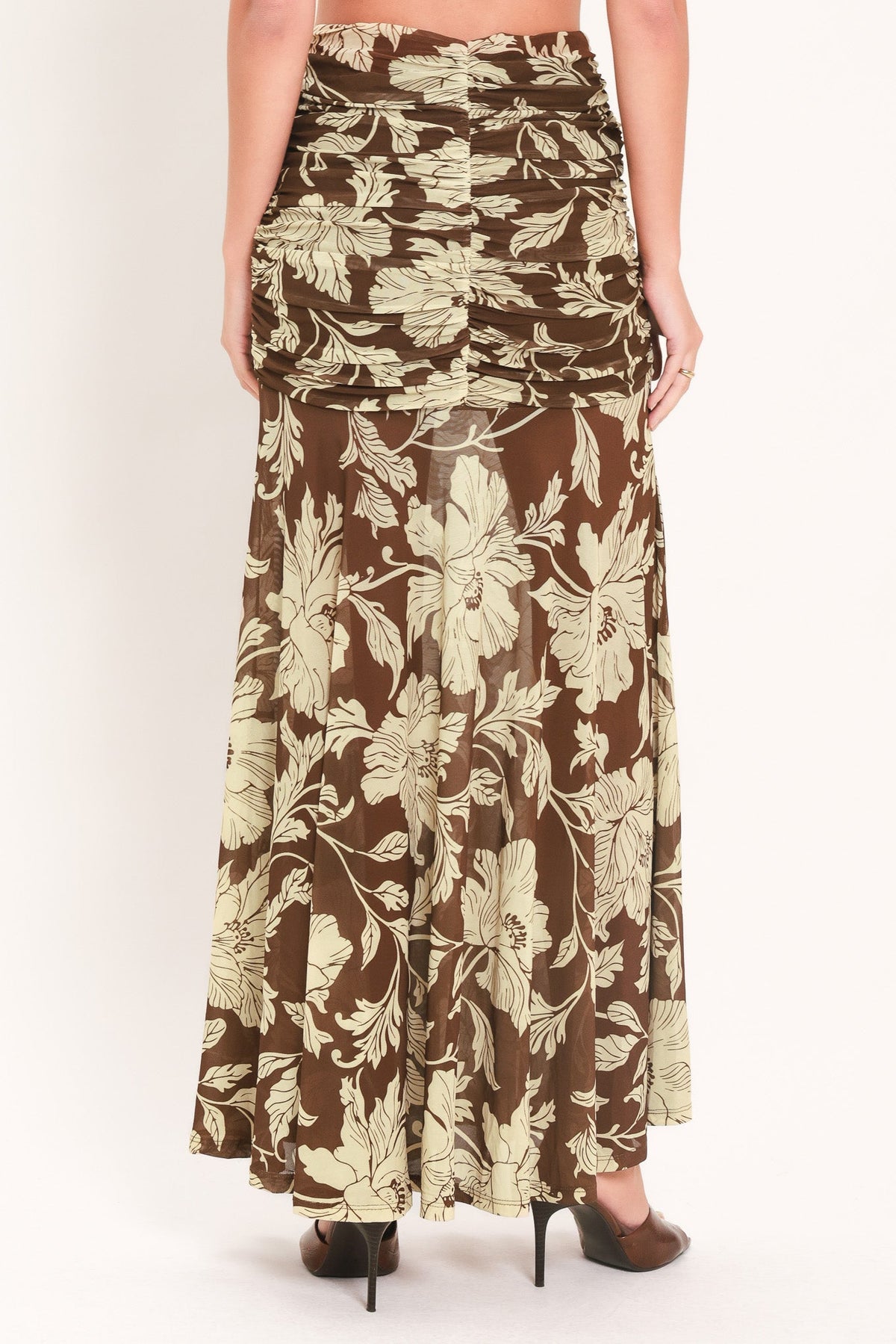FALDA MAXI DE MALLA ELÁSTICA CON ESTAMPADO FLORAL TERROSO