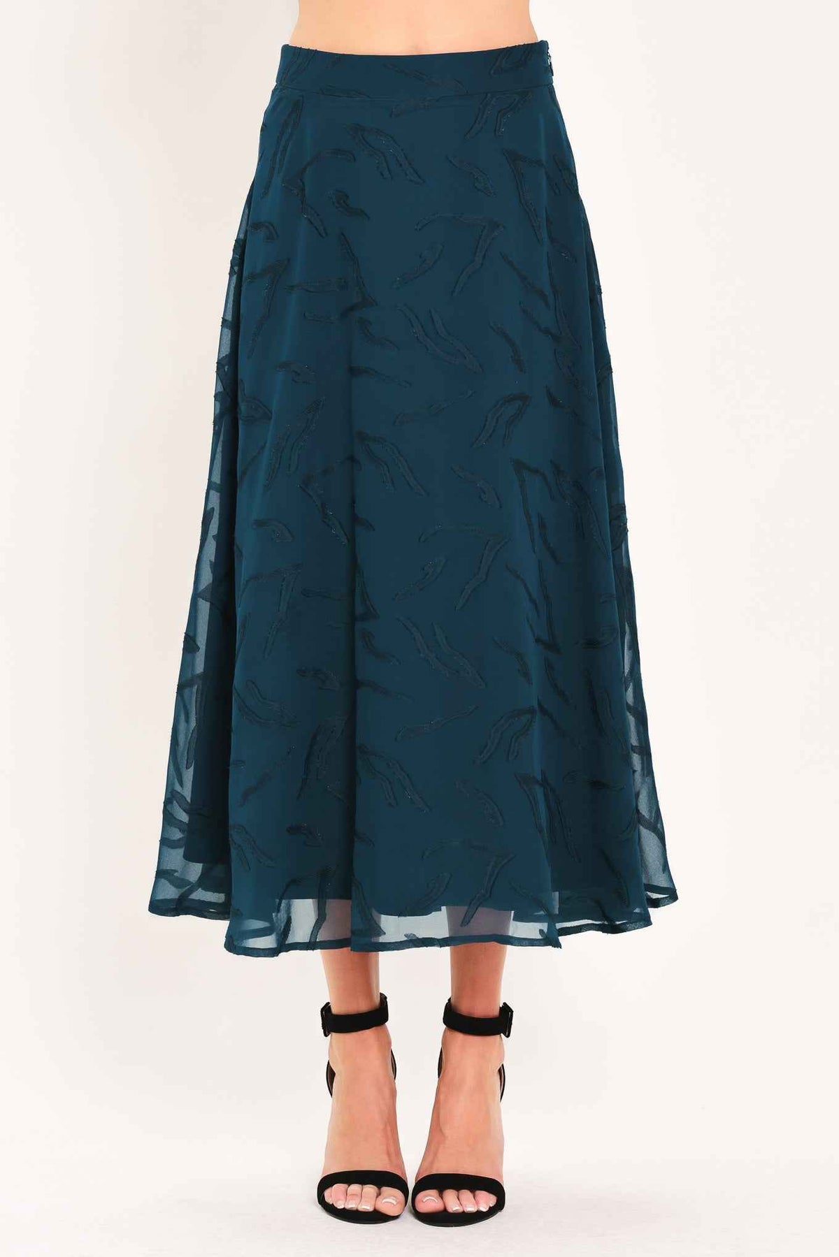 TEAL SHADOW SWAY WOVEN JACQUARD CIRCLE MIDI SKIRT