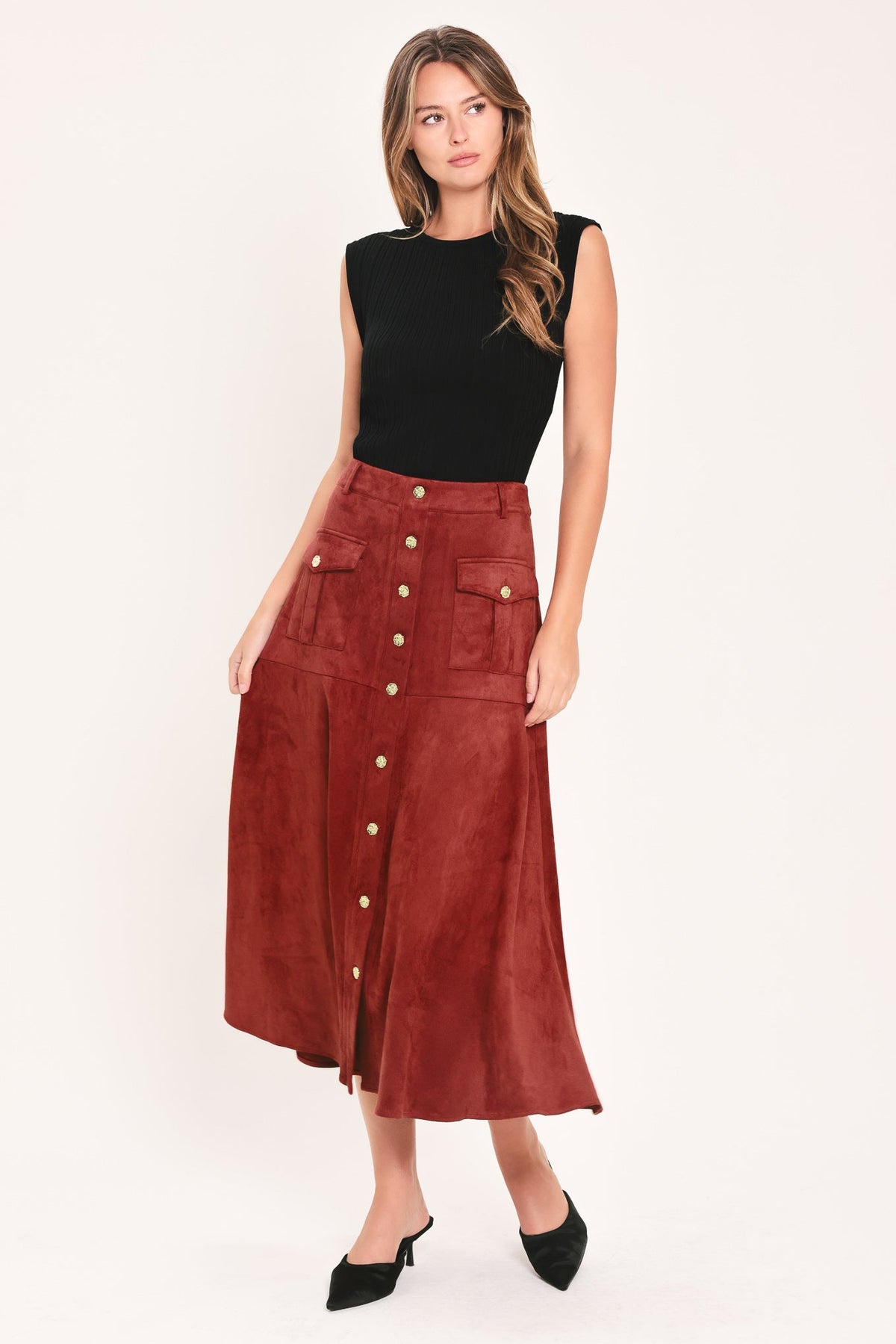 RUSTIC ROMANCE BRICK FAUX SUEDE BUTTON-FRONT MIDI SKIRT