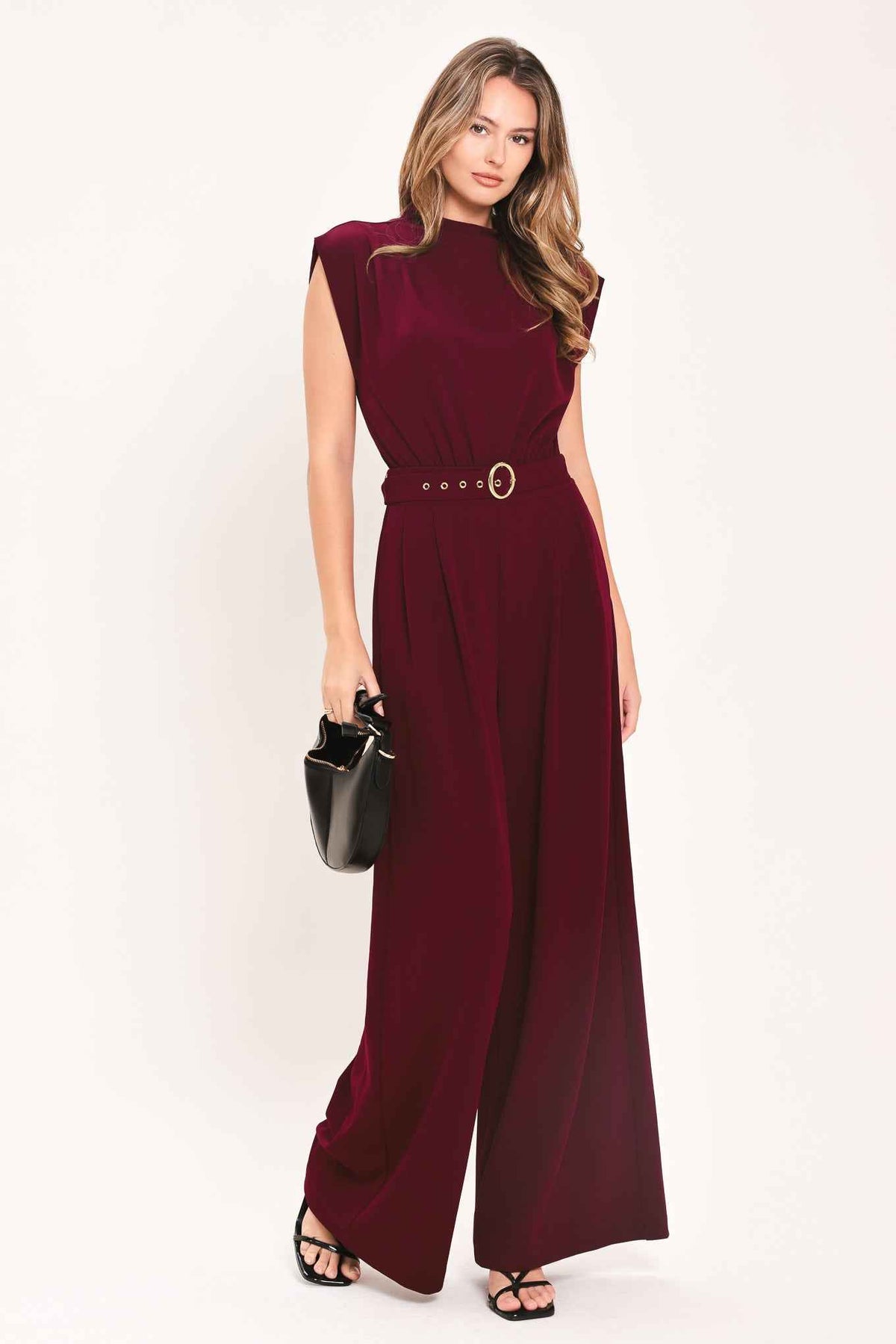 DARK CHERRY COLUMN WOVEN JUMPSUIT