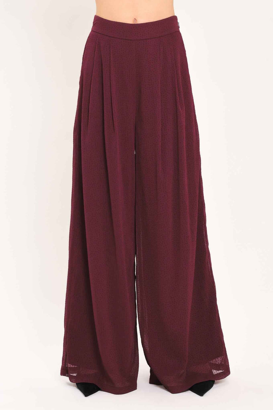 BORDEAUX SHEER DRAPE WOVEN WIDE LEG PANTS