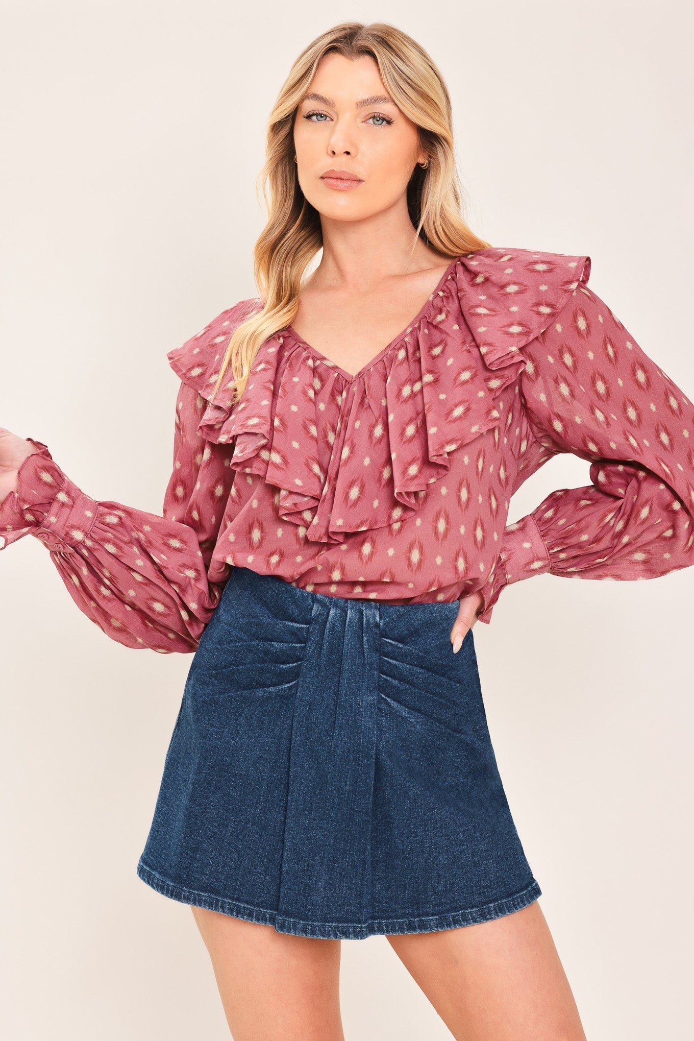 FALDA-PANTALÓN DE DENIM ÍNDIGO CON FRUNCIDO
