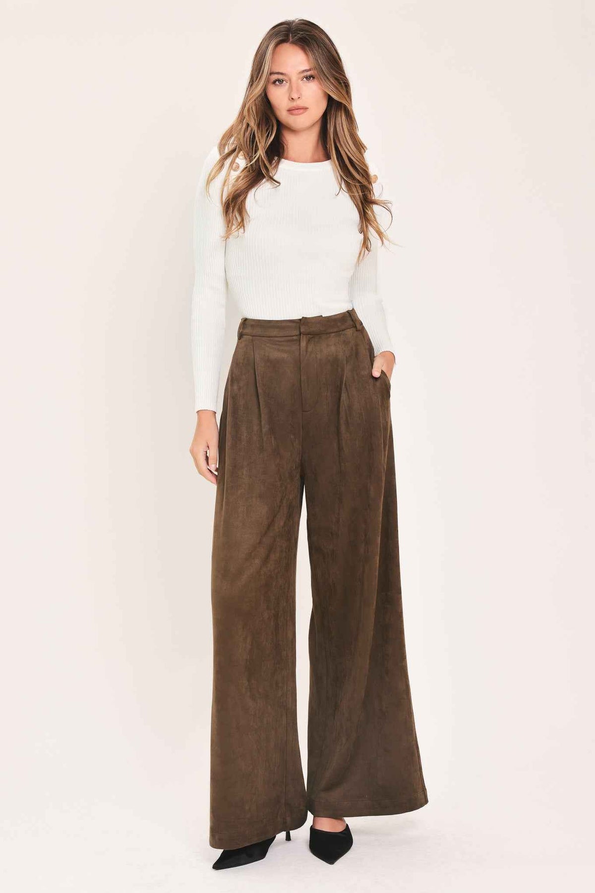 DESERT LUXE BROWN FAUX SUEDE WIDE-LEG PANTS