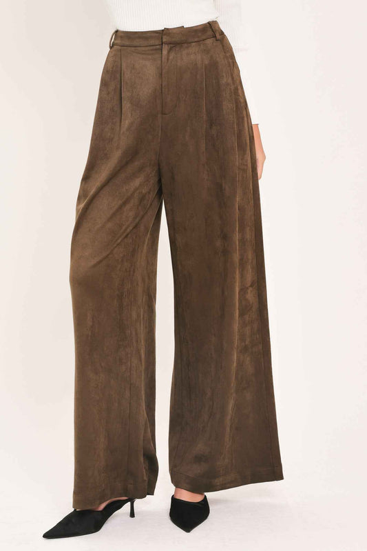 DESERT LUXE BROWN FAUX SUEDE WIDE-LEG PANTS