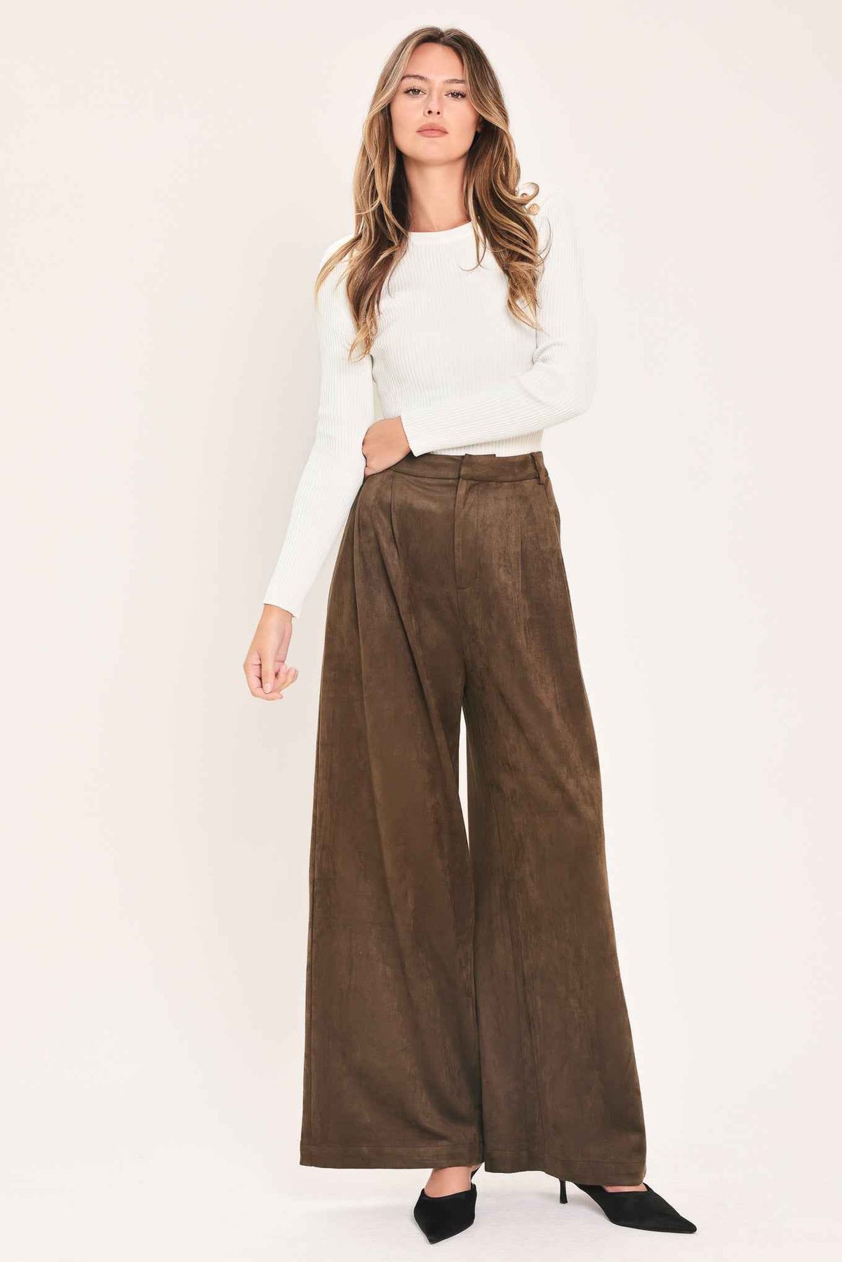 DESERT LUXE BROWN FAUX SUEDE WIDE-LEG PANTS