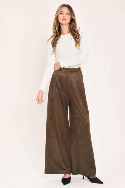 DESERT LUXE BROWN FAUX SUEDE WIDE-LEG PANTS