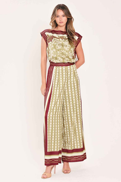 VINTAGE VINE BURGUNDY PRINTED WIDE-LEG PANTS