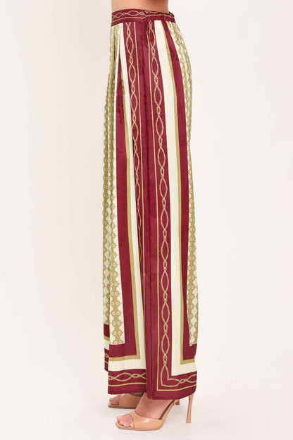 VINTAGE VINE BURGUNDY PRINTED WIDE-LEG PANTS