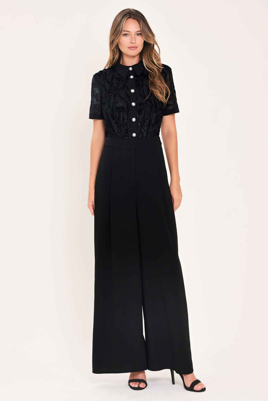 AFTER DARK BLACK BURNOUT VELVET WIDE-LEG JUMPSUIT