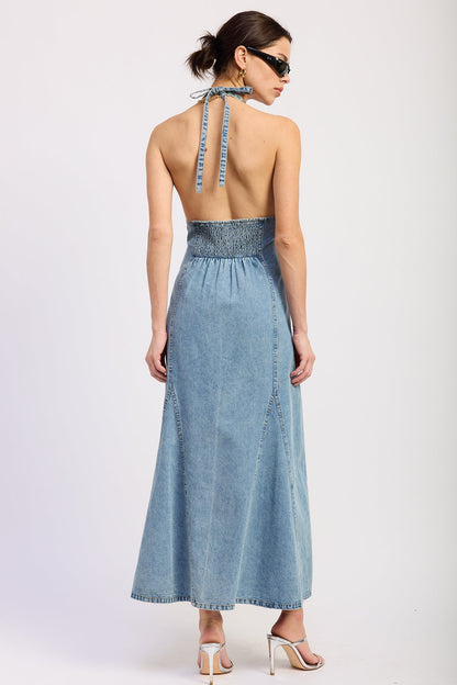 Laurel Halter Denim Midi Dress