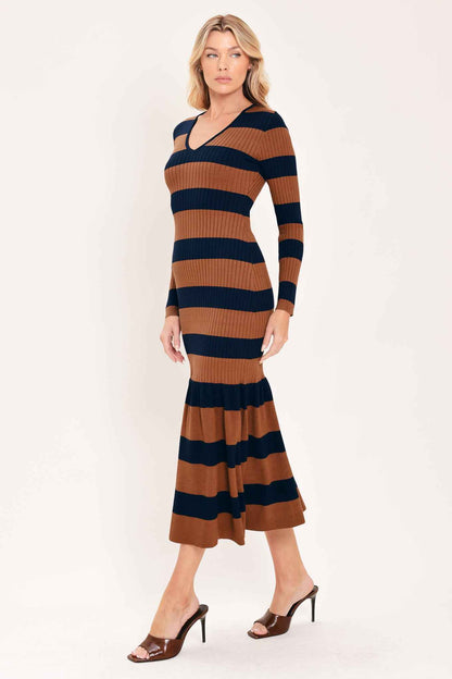 COGNAC NAVY RHYTHM SWEATER KNIT MIDI MERMAID DRESS