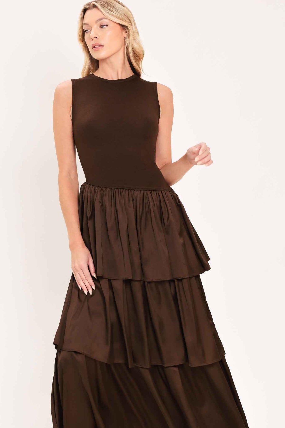 COFFEE LAYERED POISE SWEATER MIDI DRESS