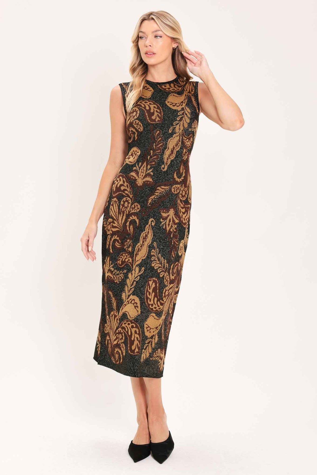 VINTAGE GARDEN JACQUARD SWEATER KNIT MIDI DRESS