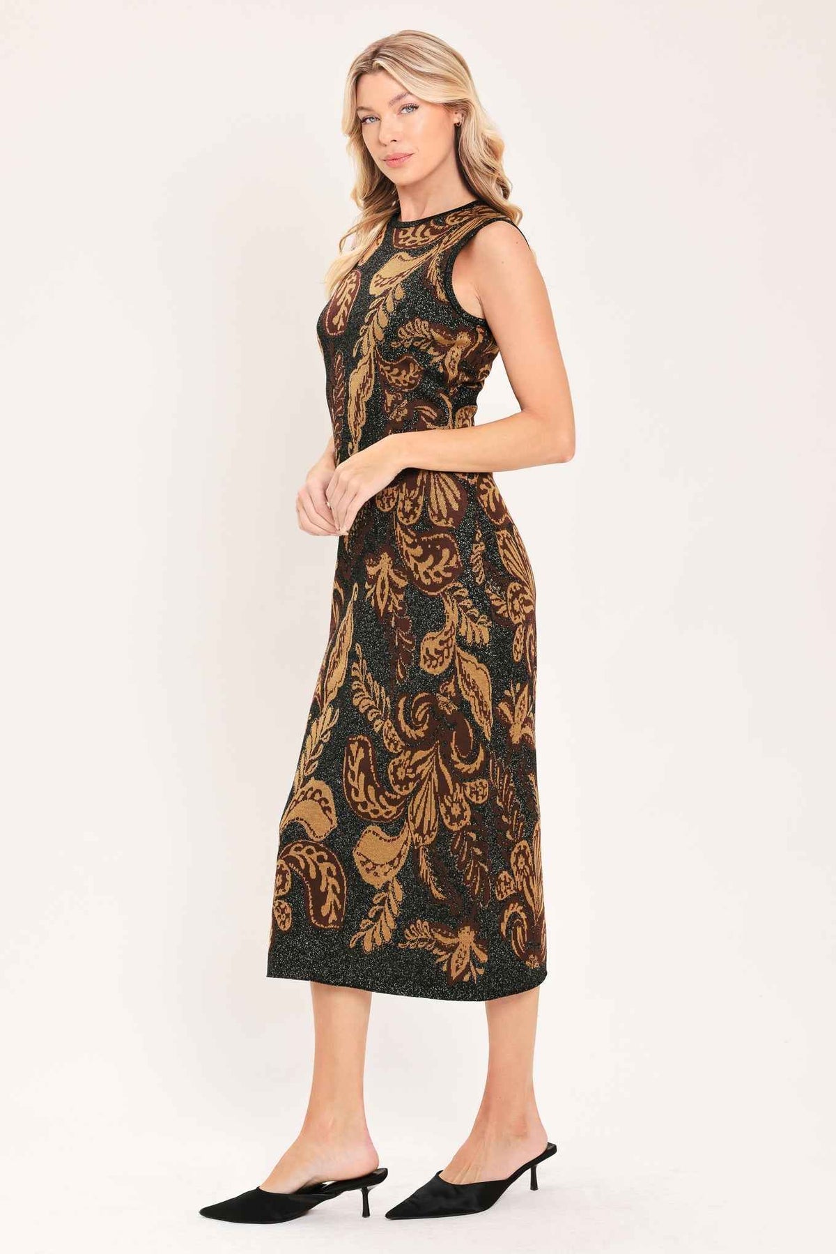 VINTAGE GARDEN JACQUARD SWEATER KNIT MIDI DRESS