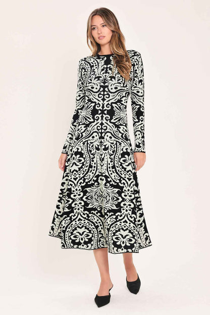 MIDNIGHT MUSE BLACK JACQUARD SWEATER MIDI DRESS