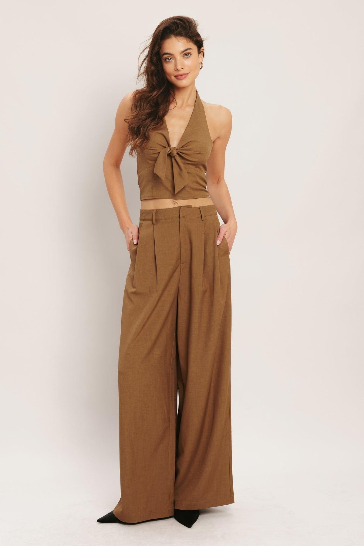 UMBER FLOW WOVEN HALTER TOP