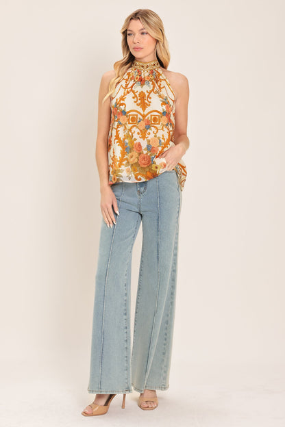 ANTIQUE BLOOM WOVEN HALTER TOP