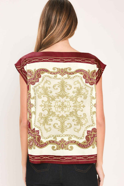 VINTAGE VINE BURGUNDY PRINTED WIDE-NECK TOP