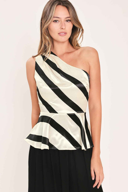 MONOCHROME MOMENT SATIN ONE-SHOULDER PEPLUM TOP