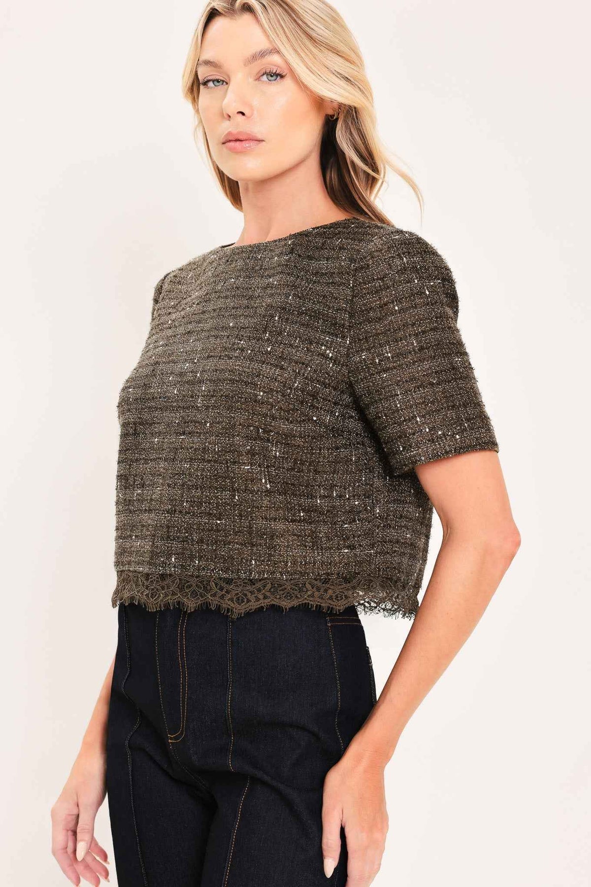 DARK CHAMPAGNE SPARK WOVEN TWEED TOP